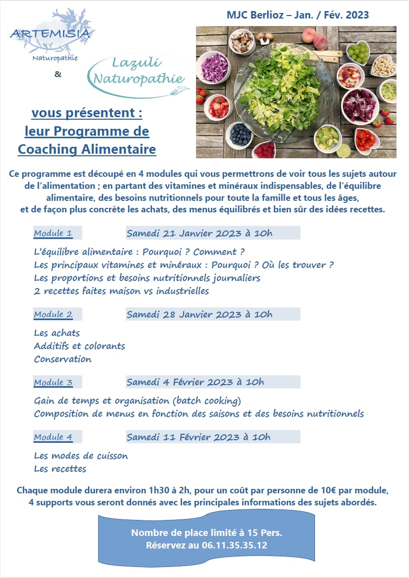 Affiche ateliers coaching alimentaire janvier et février 2023